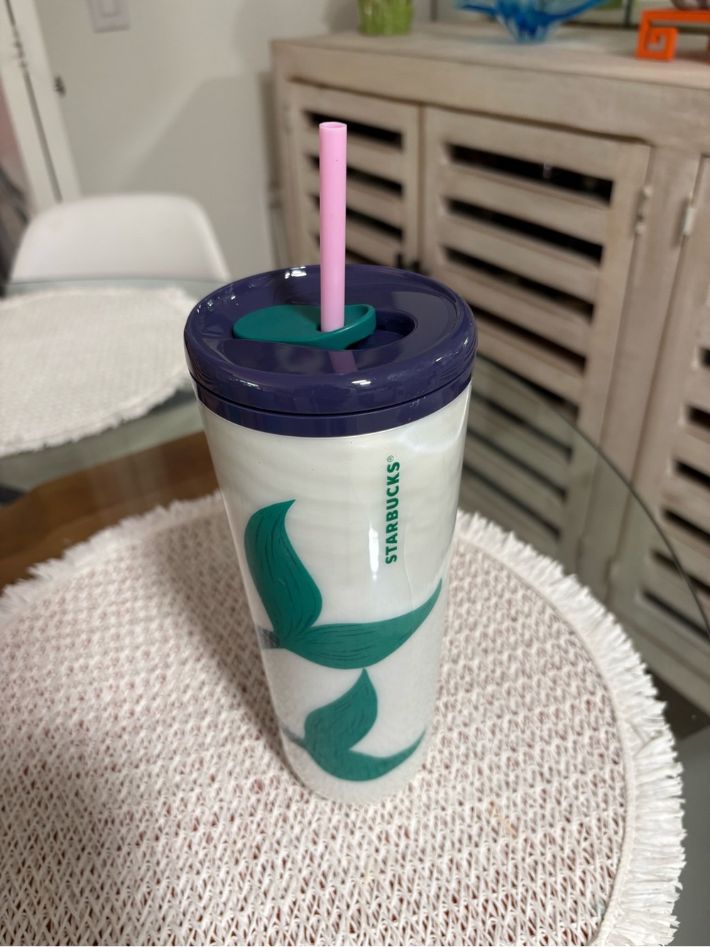 Starbucks White Tumbler with Teal Mermaid Tail and Purple Lid